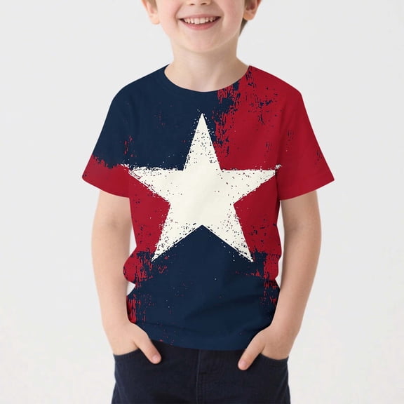 Avrnliq Kids Patriotic Star Graphic Tee, Unisex Red White Blue Distressed T-Shirt Short Sleeve Casual Holiday 4th of July Youth Tee (110-170),Size 5-6T