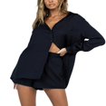 thumbnail image 2 of PENGXIANG Women‘s Spring Summer Outfit Sets Long Sleeve Lapel Button Shirt + Solid Color Drawstring Shorts, 2 of 5