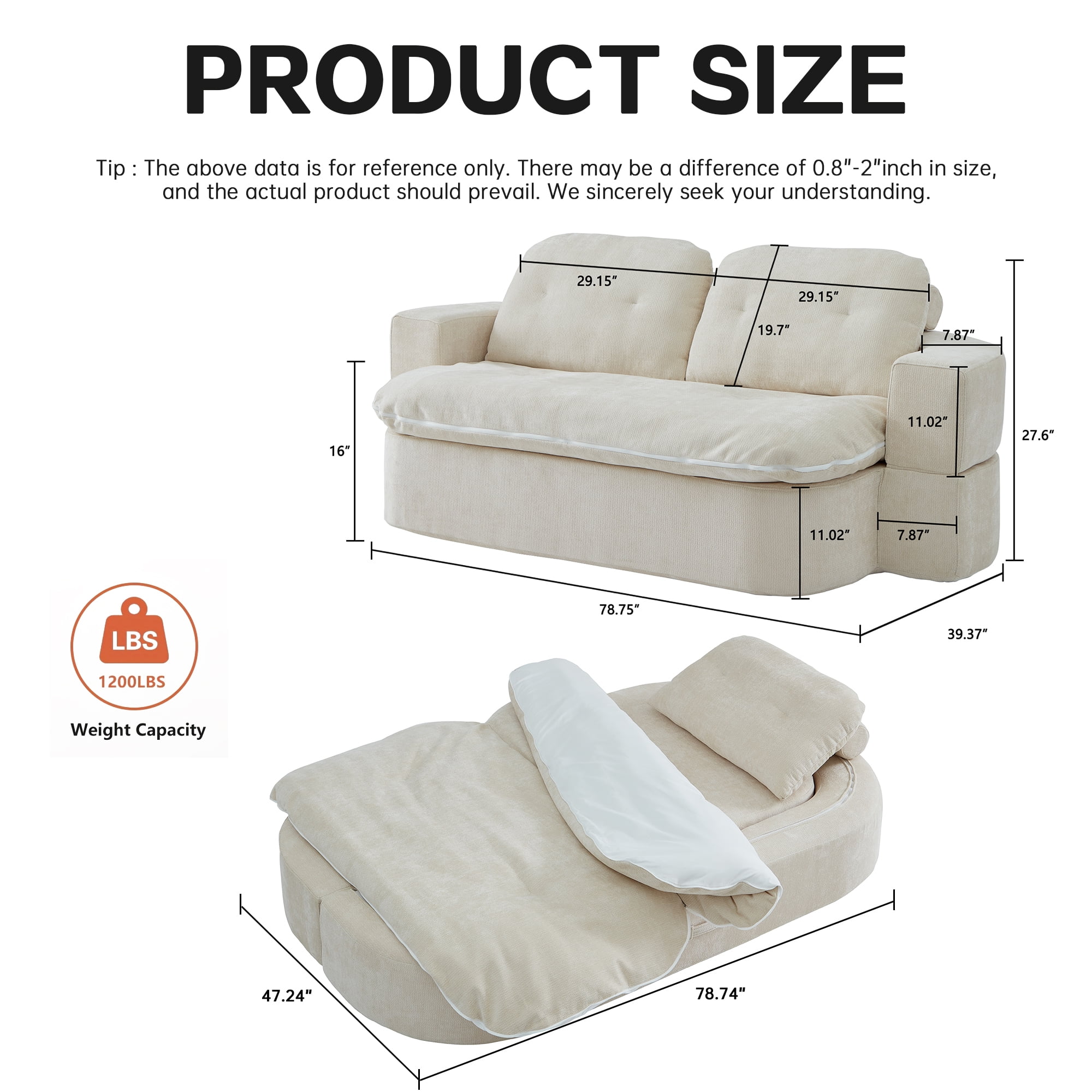 Jopath Sleeper Sofa Bed with 2 Pillows,Corduroy Convertible Futon Sleeper Sofa Couch,Modern Floor Sofa Bed,Folding Mattress for Living Room,Small Spaces,Cream