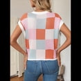 thumbnail image 6 of Womens Summer Crew Neck Cap Sleeve Crop Color Block Knit Short Sleeve Sweater Pink + Orange S, 6 of 7