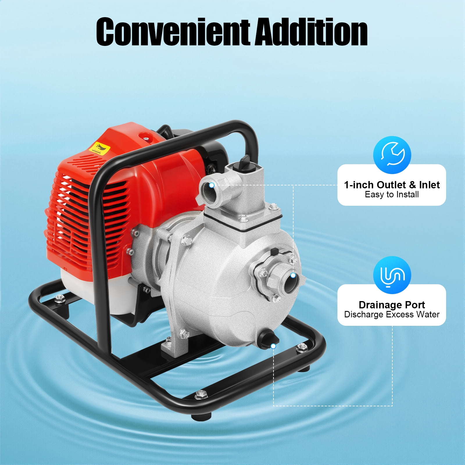 1 Inch Gas Powered Water Transfer Pump,43cc 2-Stroke 1.7HP Gasoline Semi-Trash Water Pump 8500RPM Air cooled High Pressure Irrigation Transfer Pump with Complete Kits for Irrigation