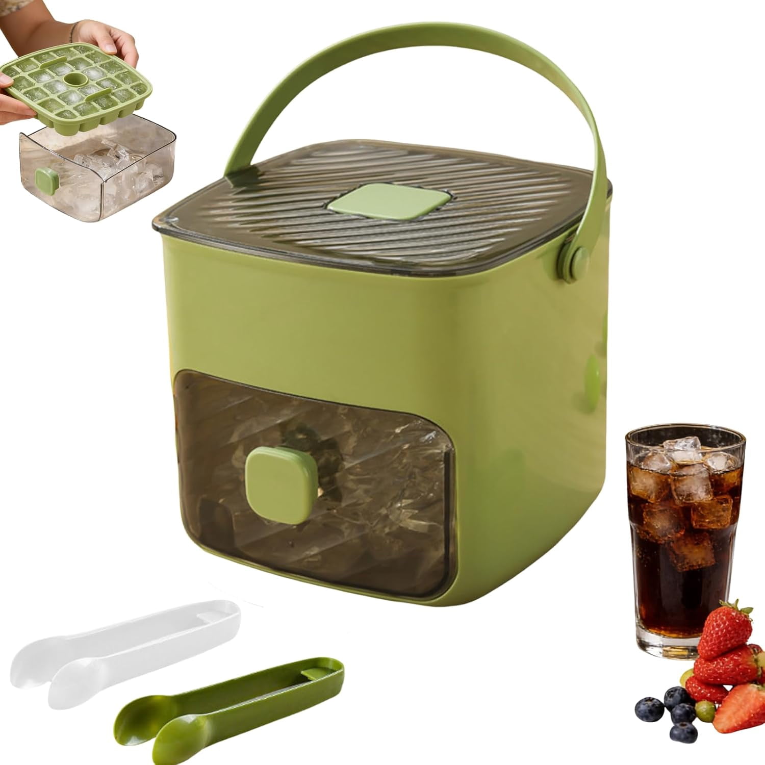 2-In-1 Ice Cube Trays with Lid Double-Deck Freezer Bin and Molds (Green)