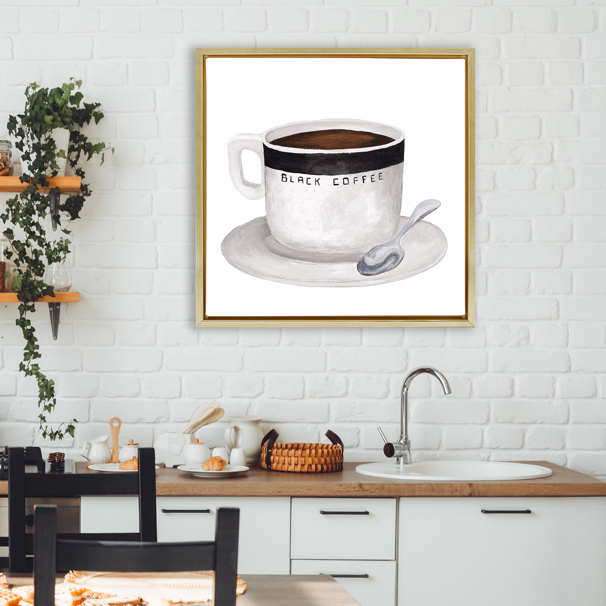 Stupell Industries Black Coffee Mug Gold Framed Floater Canvas Wall Art, design by Elizabeth Medley