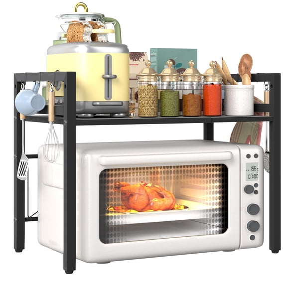 Eunos Microwave Oven Rack Baker's Rack 2-Tier Shelf Adjustable Toaster Oven Rack for Kitchen with 6 Hooks for Kitchen Counter Black