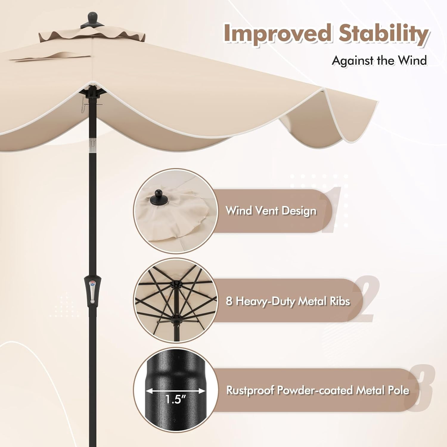 ZYPPP  9Ft Patio Umbrella, Outdoor Umbrella with Crank Handle, Push Button Tilt, 2-Tier Beach Umbrella with Sun-Protective Canopy, 8 Ribs, Scalloped Patio Umbrella for Outdoor Deck Pool Table (Beige)