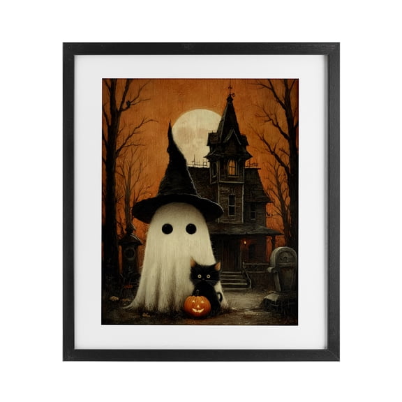 Cute Ghost & Haunted House Black Framed Print Under Glass, design by Arlington Prints