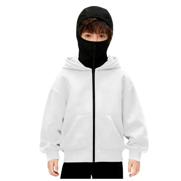 Bosanter Boys Balaclava Hoodie Zipper Unisex Thermal Insulated Wind Resistant for Snowboarding Skiing Hiking in Extreme Cold Outdoor Adventure Jacket, White 10-11Y