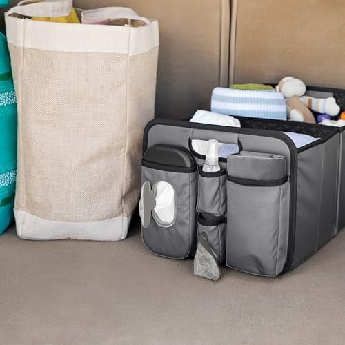 Out-n-About Trunk Organizer for SUVs and Cars with Portable Changing Pad and Wet Baby Wipes for Diaper Changes On-the-Go, Collapsible, Grey