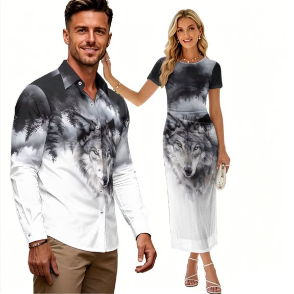 Psesaysky Black Grey Wolf Print Couple Hawaii Luau Party Outfit Summer Clothes for Couples Trendy Long Pencil Dress for Women,Mens Long Sleeve Button Down Shirts for Going Out,S-3XL