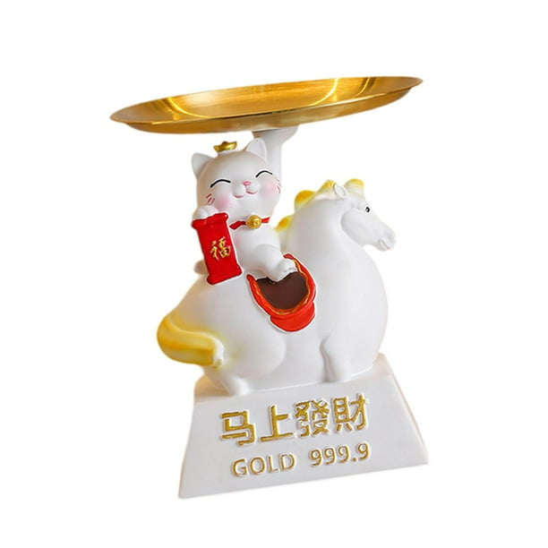 Bandeja de almacenamiento para gatos, elegante organizador de figuras de gato de la fortuna, tazón de dulces de vinilo para gatos Blanco