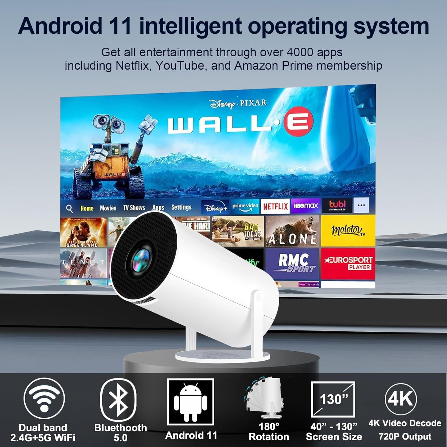 Projector with WiFi , HY300 pro 4K Decoding Android Auto  Portable Outdoor Home Movie Video Projector Compatible with Phone Laptop  TV