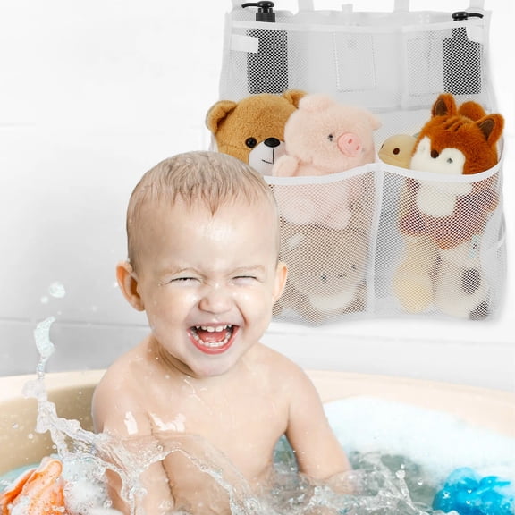 Grusce 2 Sets 2 Layers Large Capacity Bath Toy Holder, Bath Toy Storage, Quick Release Bathtub Toy Storage with Buttom Zipper, Bath Toy Organizer Basket Bin with 7 Pockets for Bathroom Toys, White