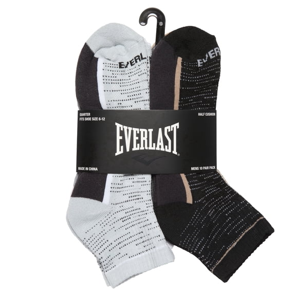 EVERLAST Men's 1/2 Cushion Quarter Socks- Assorted Colors (10 Pack)