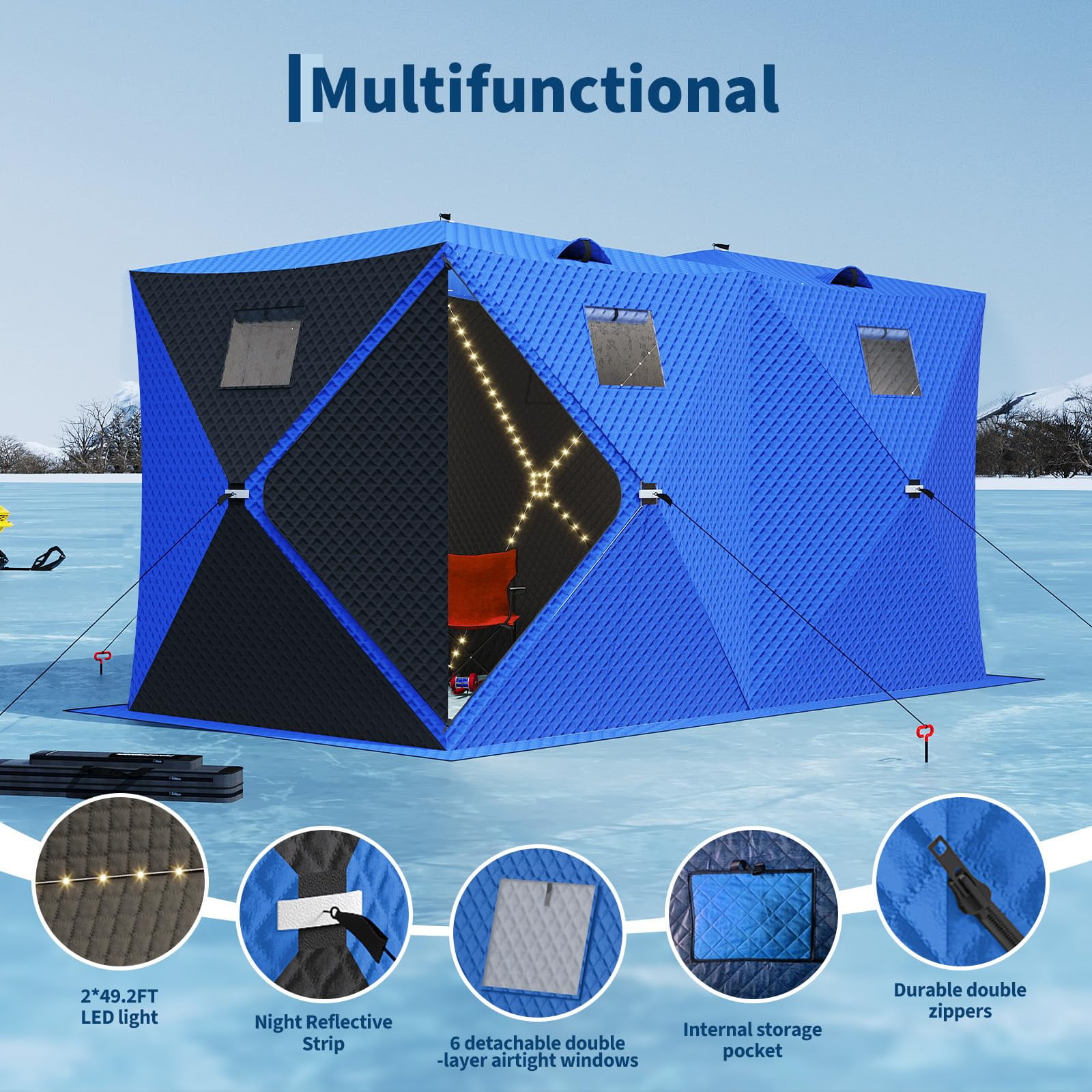 Insulated Pop-Up Ice Fishing Shelter for 6-8 People – Double Zipper Doors, 69 sq ft Space, 2x49ft LED Light Strips, Carry Bag, 141.73x70.8x77.74in | Comes with 2 battery packs and 2 15m light strips