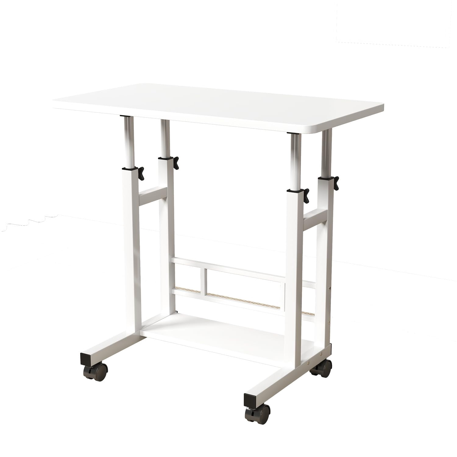 Mobile Standing Desk Adjustable Height, 31.5" x 15.75" Small Portable Laptop Desk with Storage Basket, Rolling Computer Workstation for Home Office, Fits Walking Pad and Treadmill, White