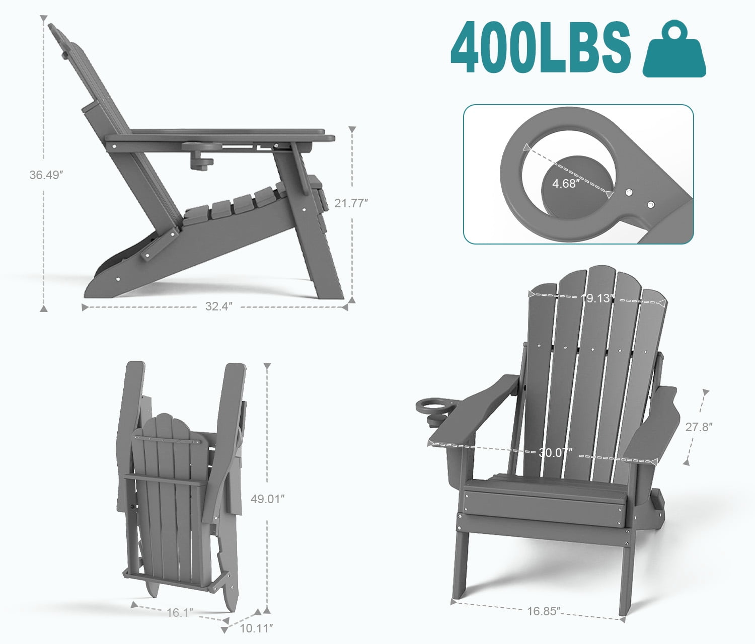 FOOWIN Adjustable Backrest Folding Adirondack Chair Set of 2, HDPE Weather Resistant Adirondack Chair with Cup Holder, Fire Pit Chair, Grey