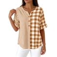 thumbnail image 5 of Womens Cotton Linen Tops Summer Elbow Length Sleeve Tshirts for Women Striped Plaid Printed Ruffled Button V Neck Top, 5 of 6