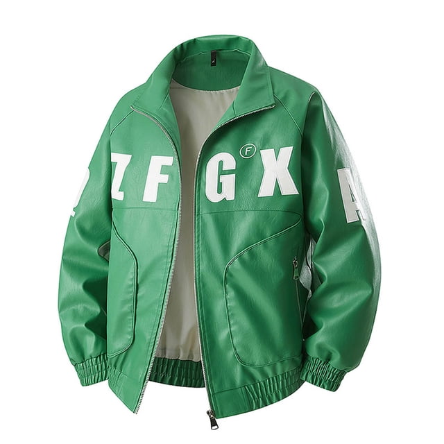 Jackets for Men Embroidered Color Block Motorcycle Zipper Button Pocket Leather Stand Faux