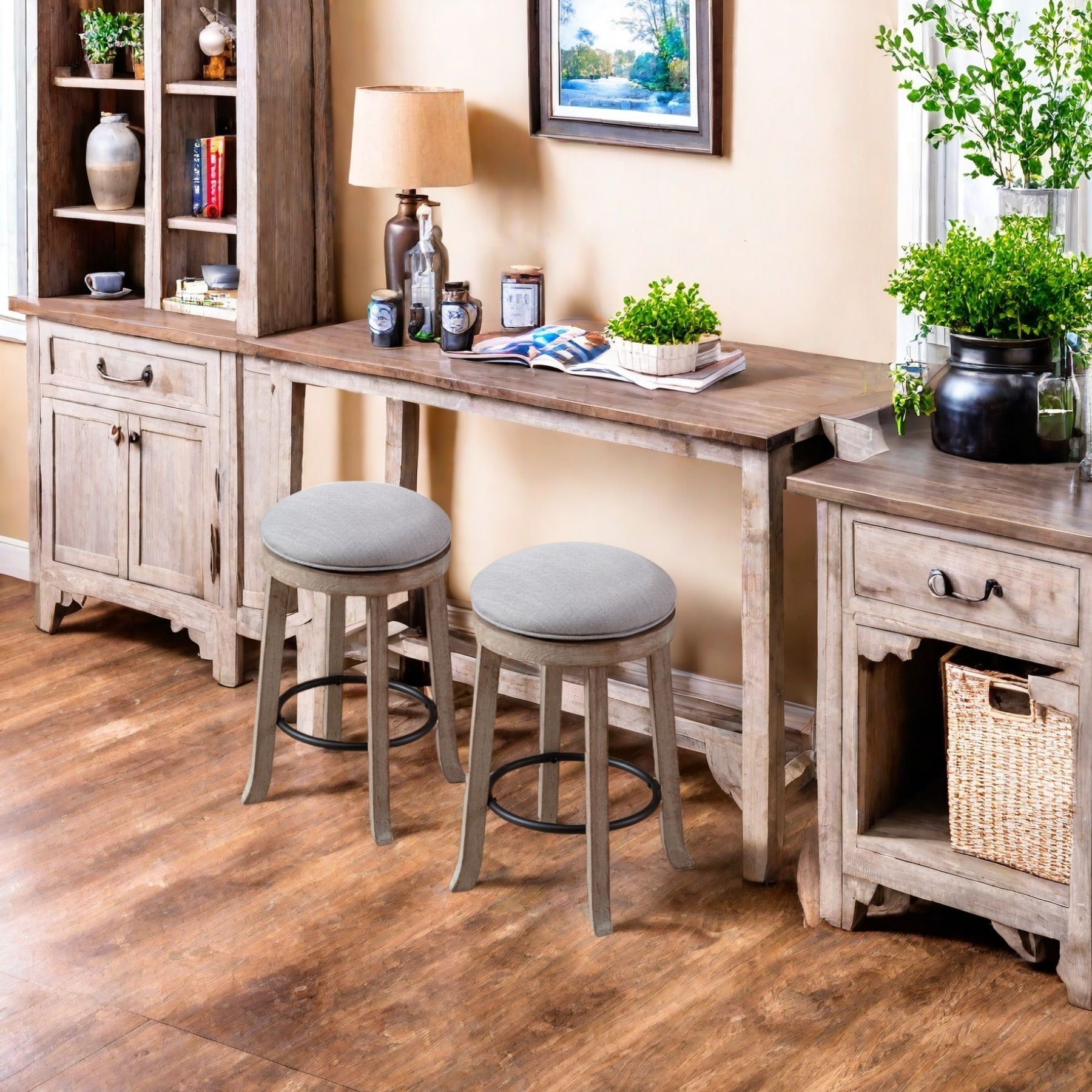 Dayalane Farmhouse 360° Swivel Bar Stools Set of 2, 25.6" Counter Height Round Linen Barstools with Wood Legs and Footrest, Backless Kitchen Island Chairs for Dining Room, Pub, Coffee Bar,Grey