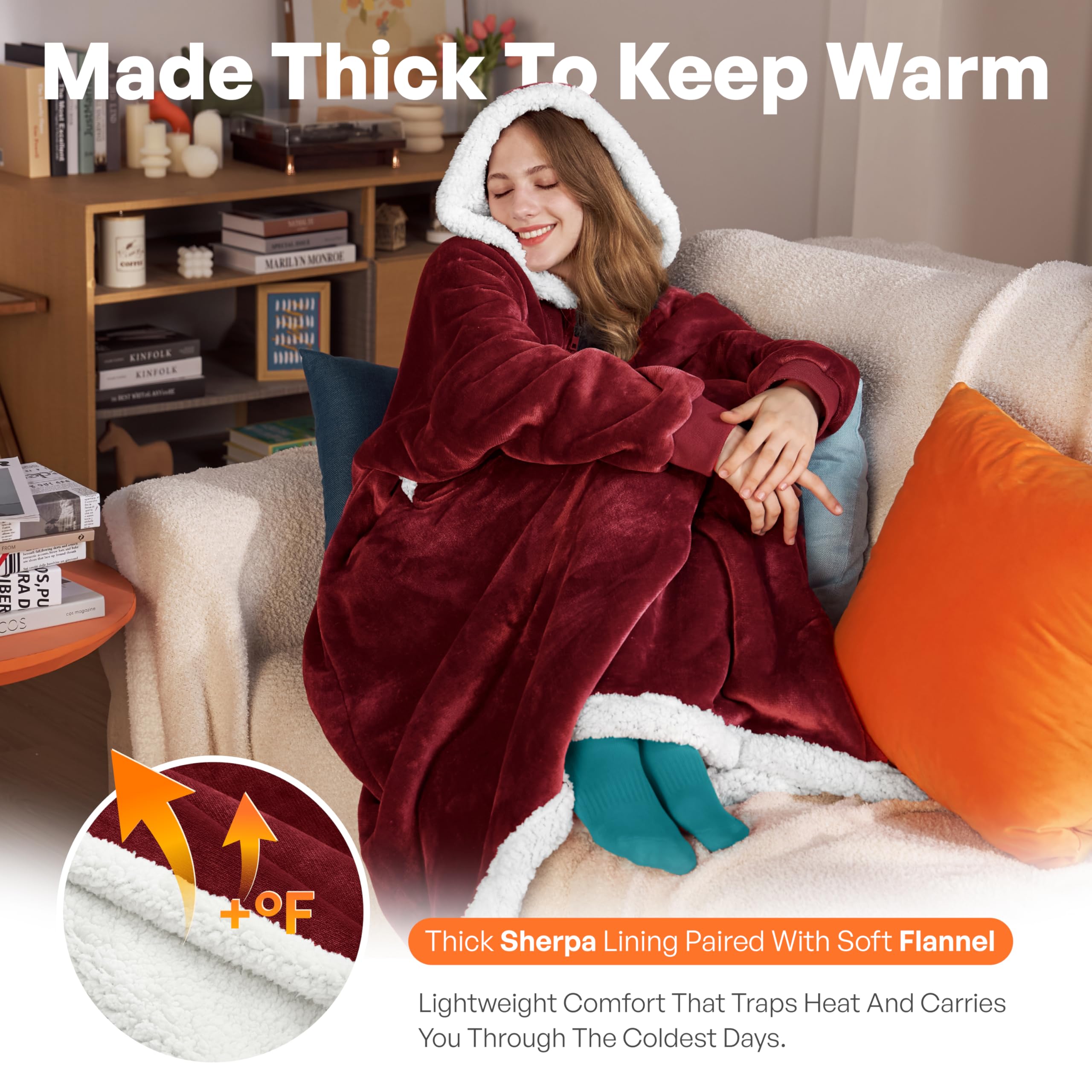 Joyfy Wearable Blanket Hoodie, Long Hooded Blanket Sweatshirt, Oversize Hoodie for Women and Men,Clothing Gift for Women Men Mom Dad,Giant Hood Pocket and Sleeves for Adult(Burgundy,Regular)