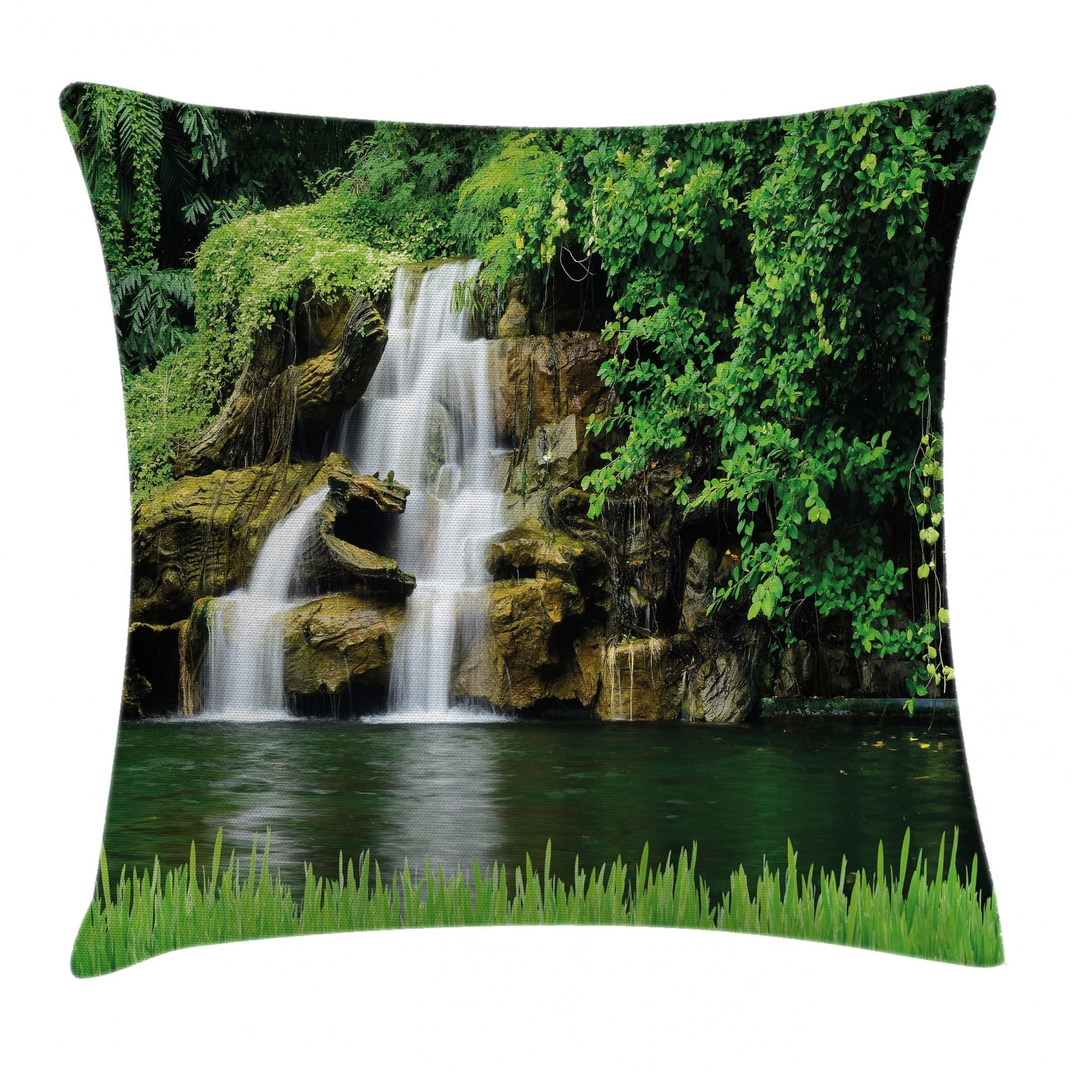 Waterfall Decor Throw Pillow Cushion Cover, Double Waterfalls Flow to Natural Green Lake with Bushes and Grass like Garden, Decorative Square Accent Pillow Case, 18 X 18 Inches, Green, by Ambesonne