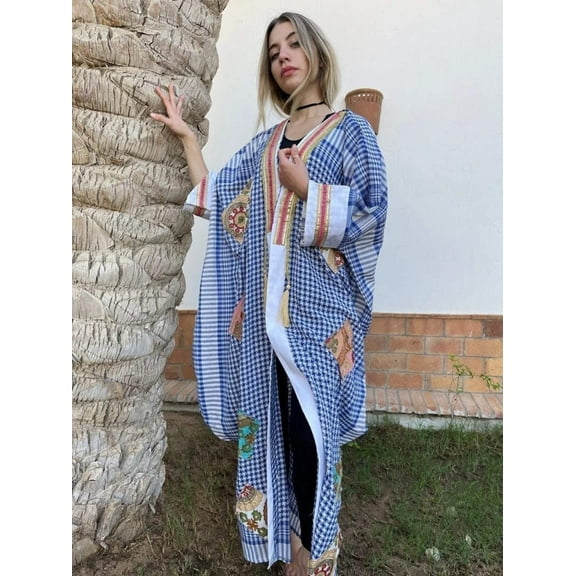 Stunning blue Hand loomed Kimono, plus size Cotton Kimono with patch embroidery, hand loomed Egyptian cotton Kimono for women, caftans.
