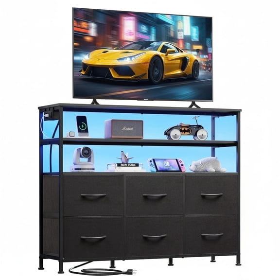 CONCETTA 39-inch TV Stand with RGB LED Lights & UL-Certified Charging Station, 6 Fabric Drawers, Fits up to 45-inch TVs, Black