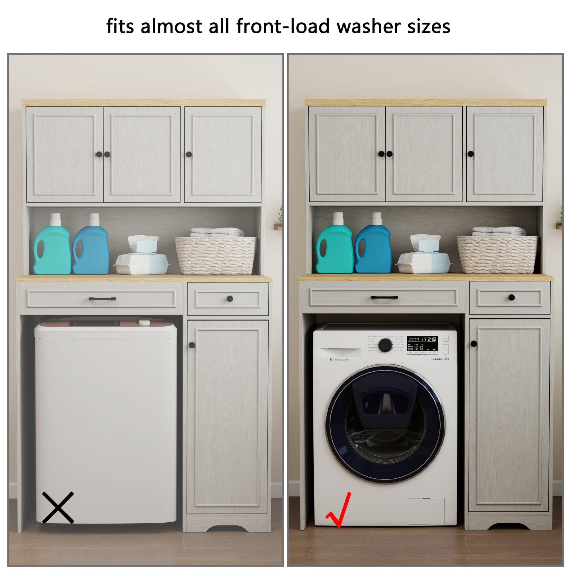 AENKYO Over-Washer Cabinet with Laundry Basket and Adjustable Shelves, Organizer for Compact Washer/Dryer, Antique White