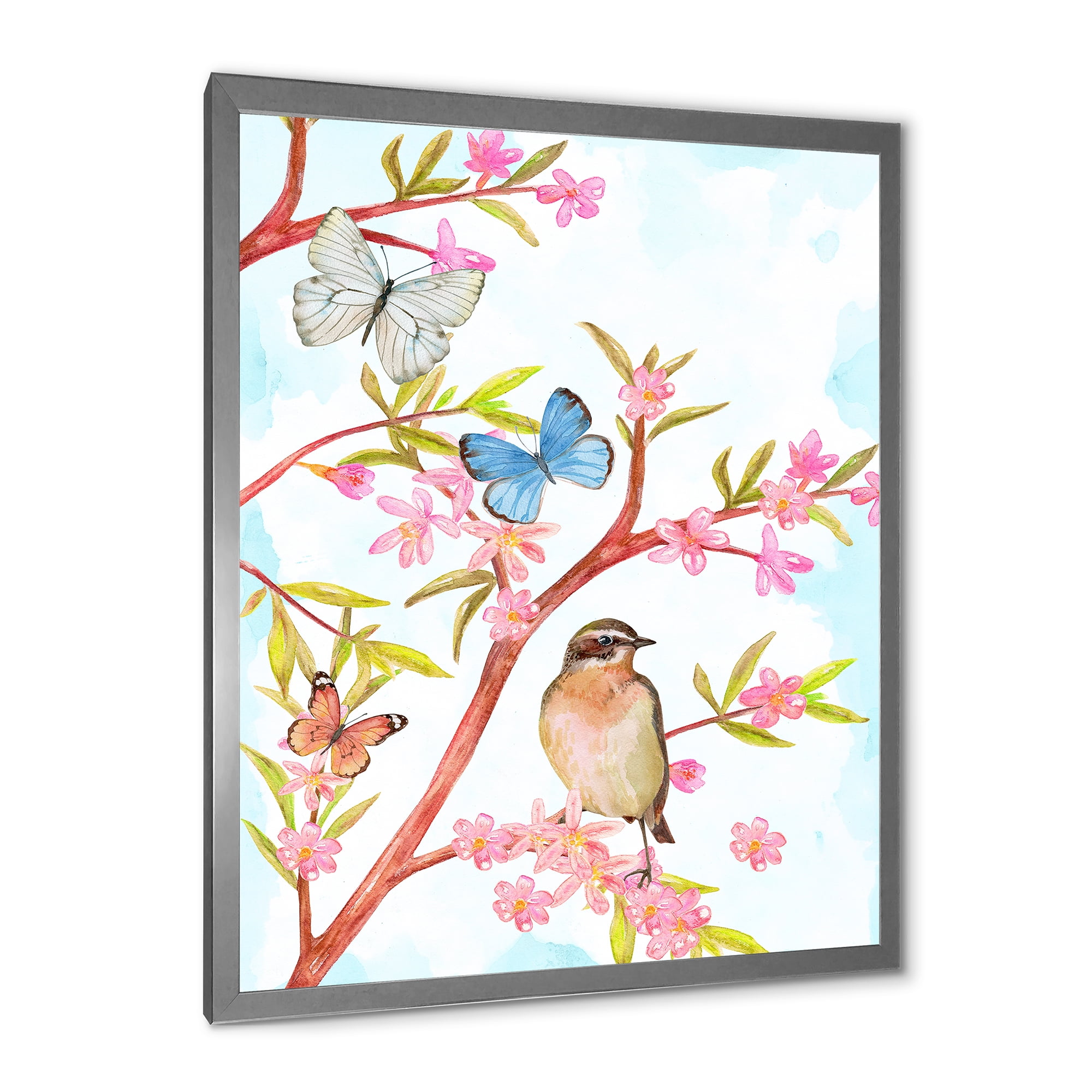 Clever Bird Sitting On Branch of A Spring Tree With Butterflies 12 in x 20 in Framed Painting Canvas Art Print, by Designart