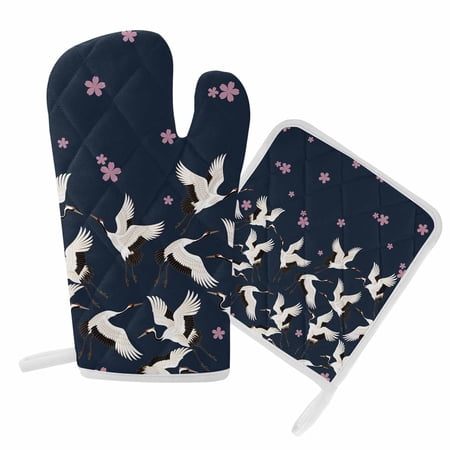 Oven Mitts and Pot Holder Set for Kitchen Cherry Blossom Crane Kitchen Oven Gloves Heat Resistance Non-Slip Surface Potholders Japanese Style Navy Blue Hot Pads Sets for Cooking Baking Grilling BBQ
