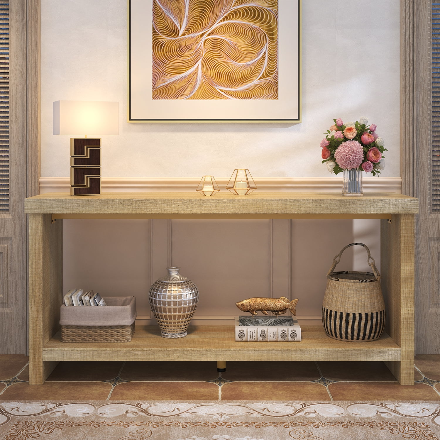 63-inch Long Console Table with 2-Tier Storage Shelves, Narrow Sofa Table Behind Couch, Farmhouse Entryway Table for Hallway & Living Room, Foyer Table in Oak Natural