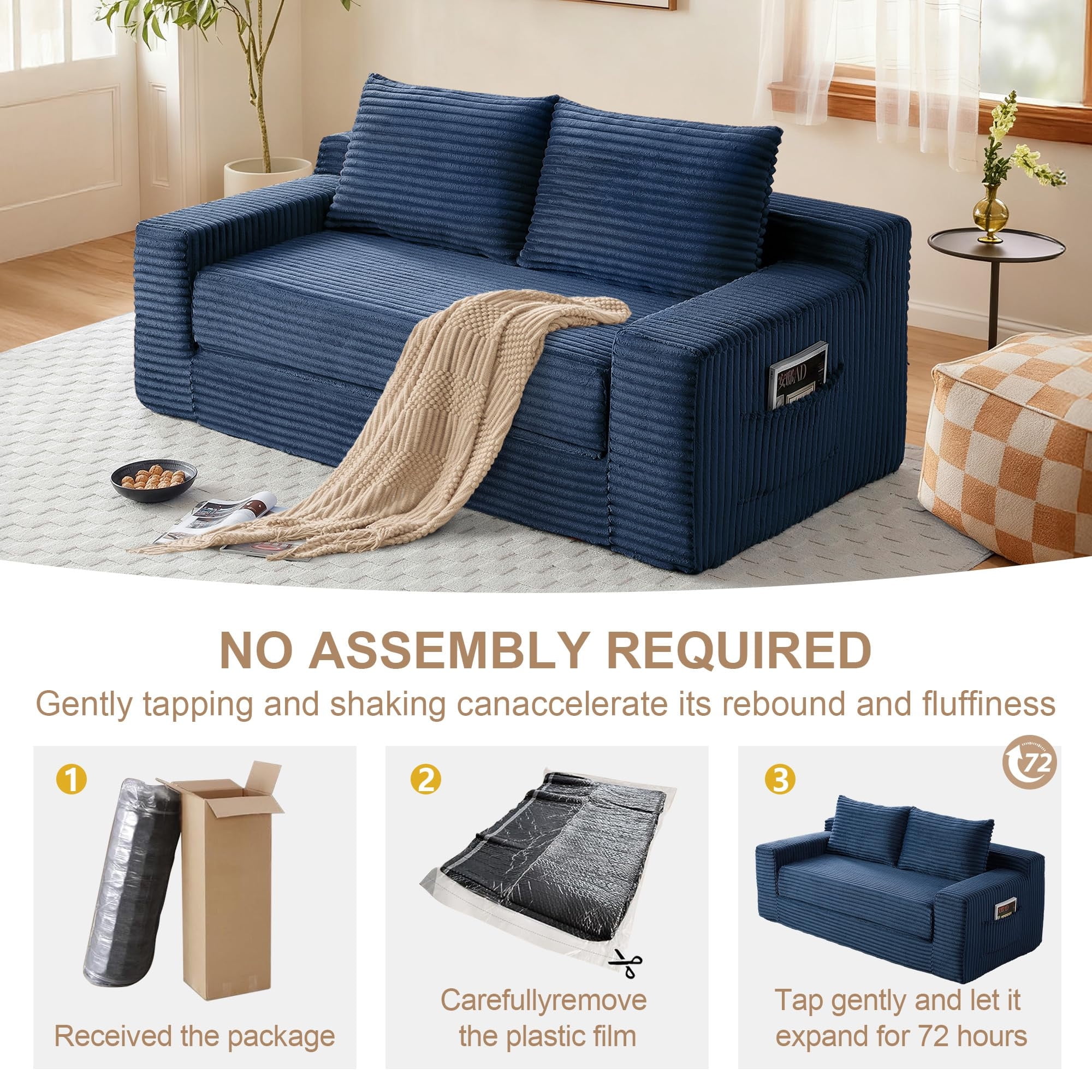 Aukfa 73" Chaise Futon Convertible Sofa Bed Boneless Couch, 2 Pillows&Side Pockets, Queen Size, Corduroy, Blue
