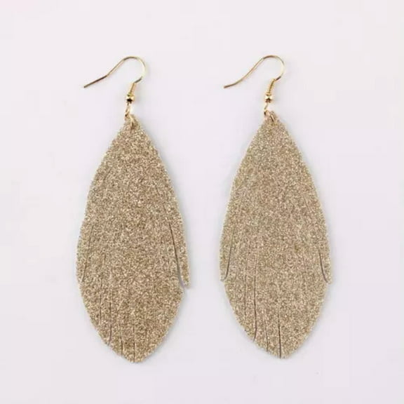 Feather Glitter Faux Leather Leaf Drop Earrings Boutique Fashion Women Jewelry