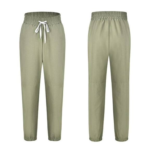 Lilgiuy Women's Casual Solid Color Drawcord With Pockets And Cropped Casual Trousers All Around Tummy Control Pants