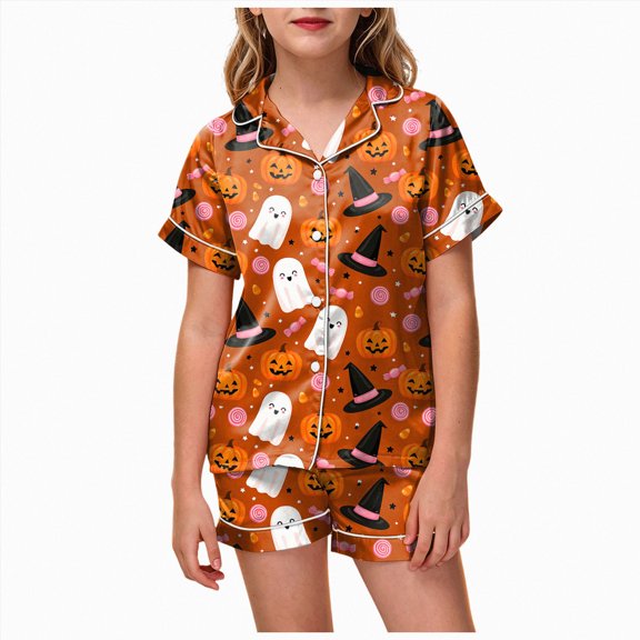 CAUYDY Halloween Pajamas Kids Girls Pajamas 2-Piece Pjs Set Kids Short Sleeved and Shorts Jammies Casual Wear Girls' Sleepwear Lounge Clothes Orange Sizes 8-9 Years