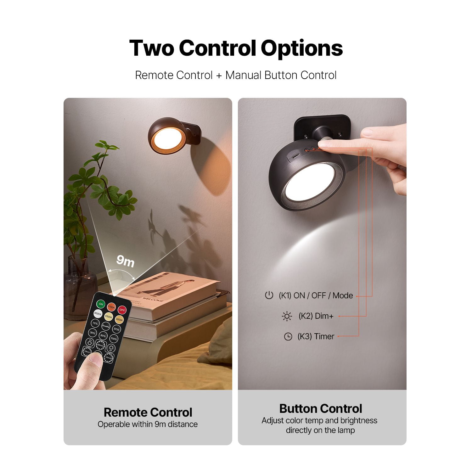 2-Pack LED Wall Sconces Rechargeable 3000mAh, Adjustable Color Temp Brightness Remote Control, 360° Rotation Magnetic Ball Wall Light