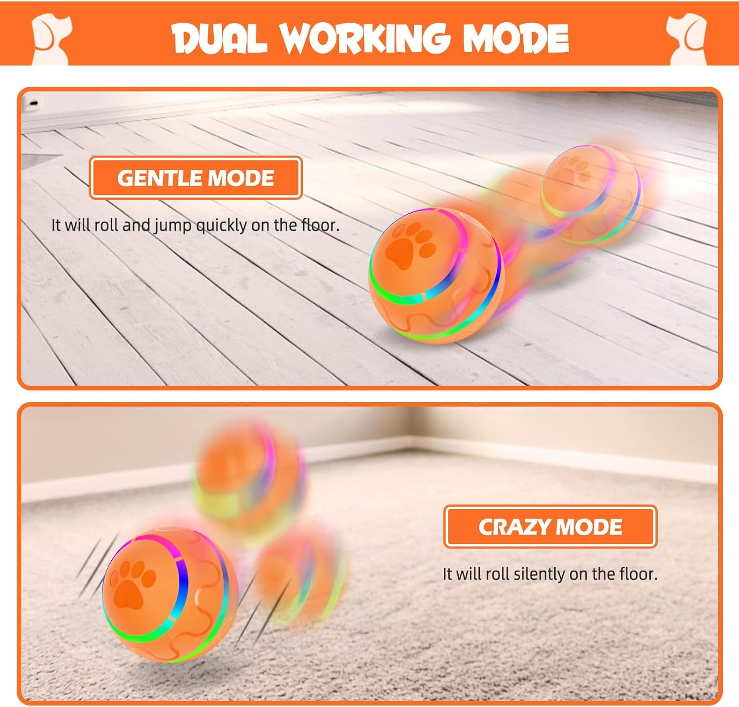 Interactive Dog Ball Toys, Pet Ball for Dogs, Durable Automatic Rolling Ball with Led, Flash Lights for Small Medium Dogs Breed, Wicked Ball with Motion Activat BPA-Free USB Rechargeable (Orange)