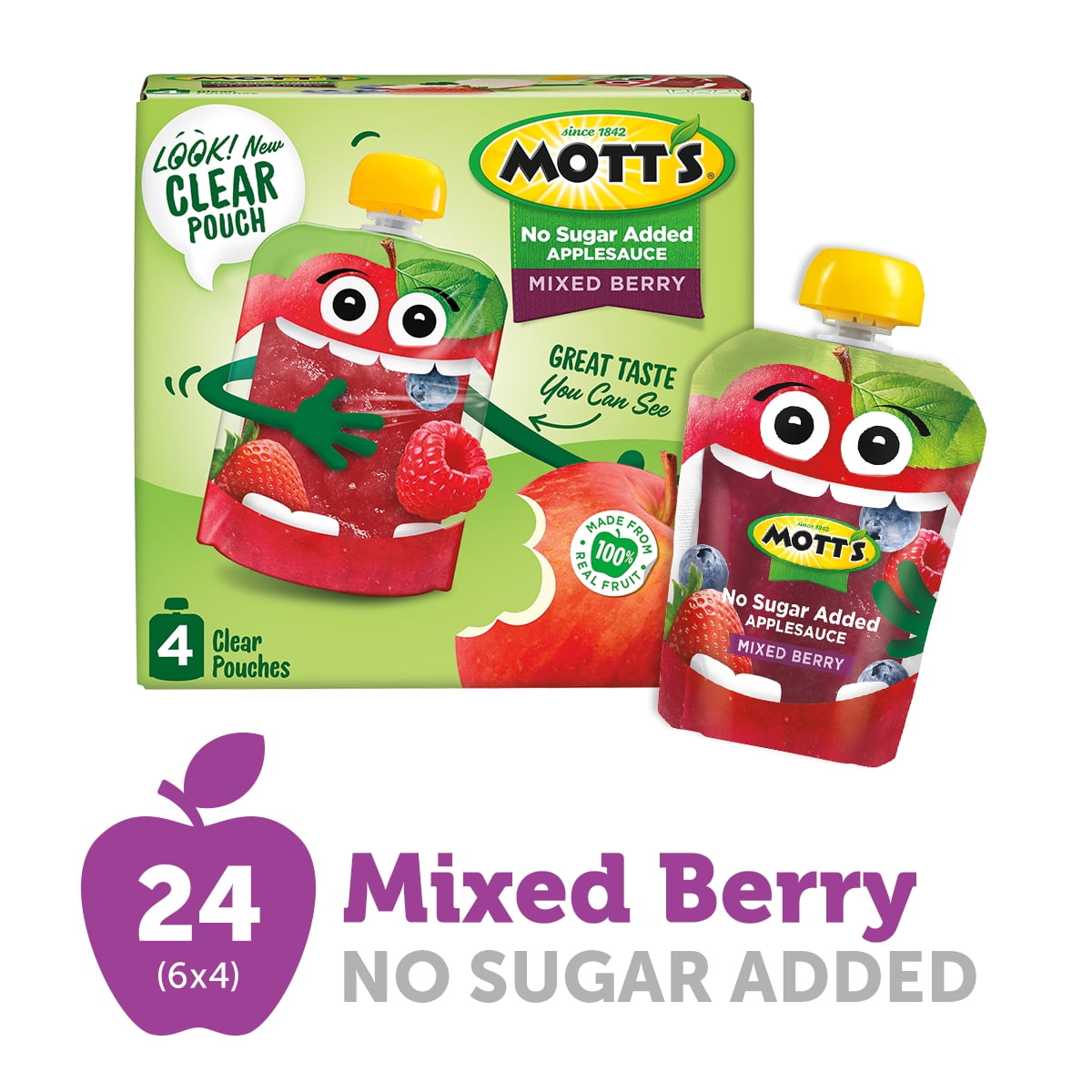 (Pack of 6) Mott's No Sugar Added Mixed Berry Applesauce, 3.2 oz clear