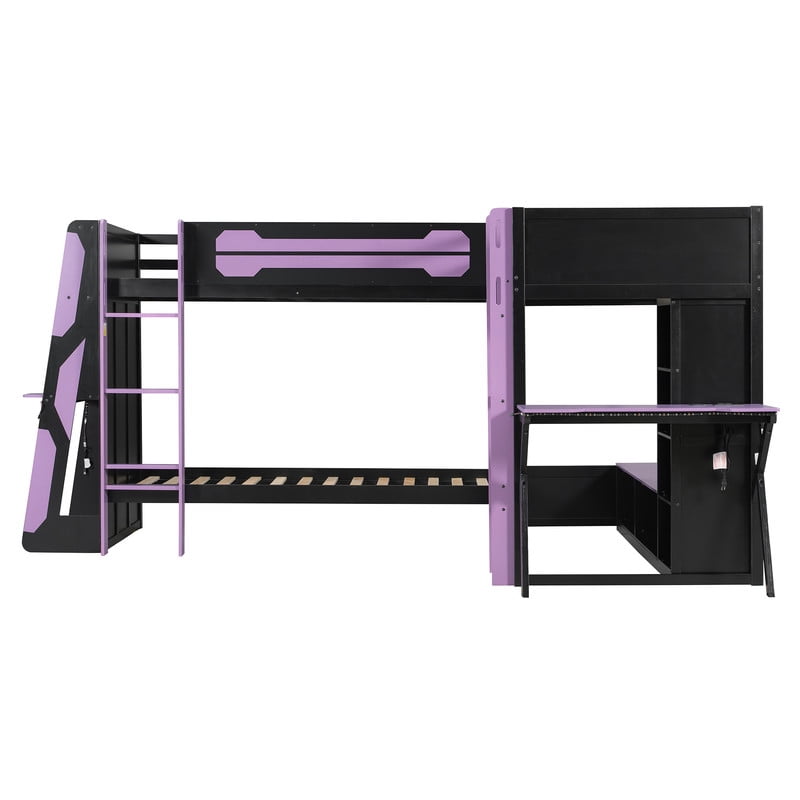 L-Shaped Twin Size Gaming Bunk Bed with RGB LED Lights, 3 Twin Beds, USB Ports, TV Stand & Storage Shelves, Reversible Wooden Bunk Bed Frame for Teens & Adults