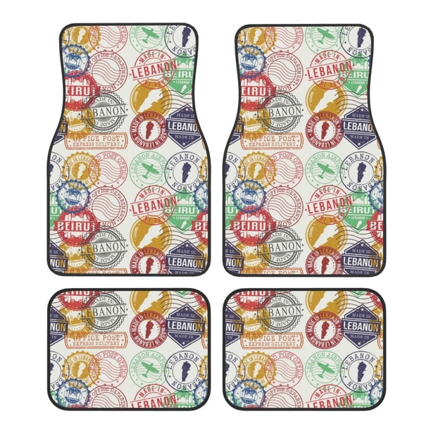 Fotbe Travel Stamp Juego de 4 Tapetes para Auto con Estampado – Alfombrillas de Goma Reforzada, Diseño Antideslizante, Protección para Todo el Año – Vehículos, Autos, Camionetas y SUVs