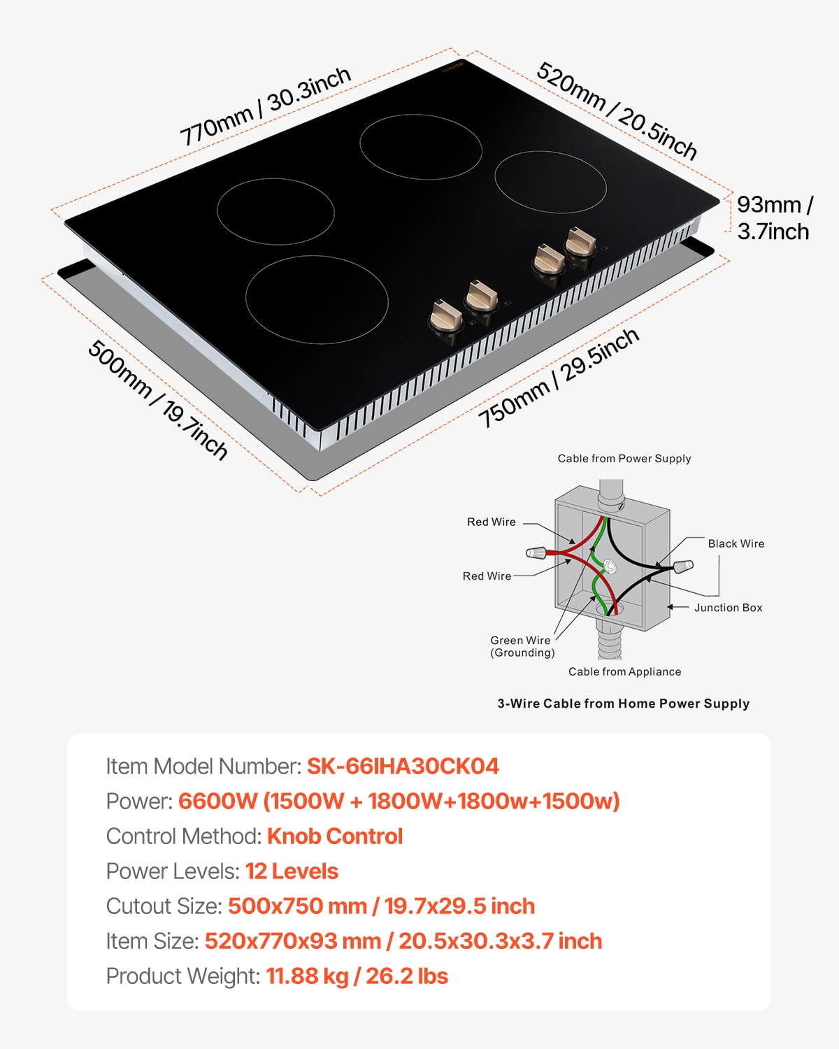 KFFKFF Induction Stove, 6600W Electric Kitchen Burner, Quadruple Knob Control Cooktop, Integrated Induction Stove with a Dozen Heat Settings, Glass Top, Automatic Power Off
