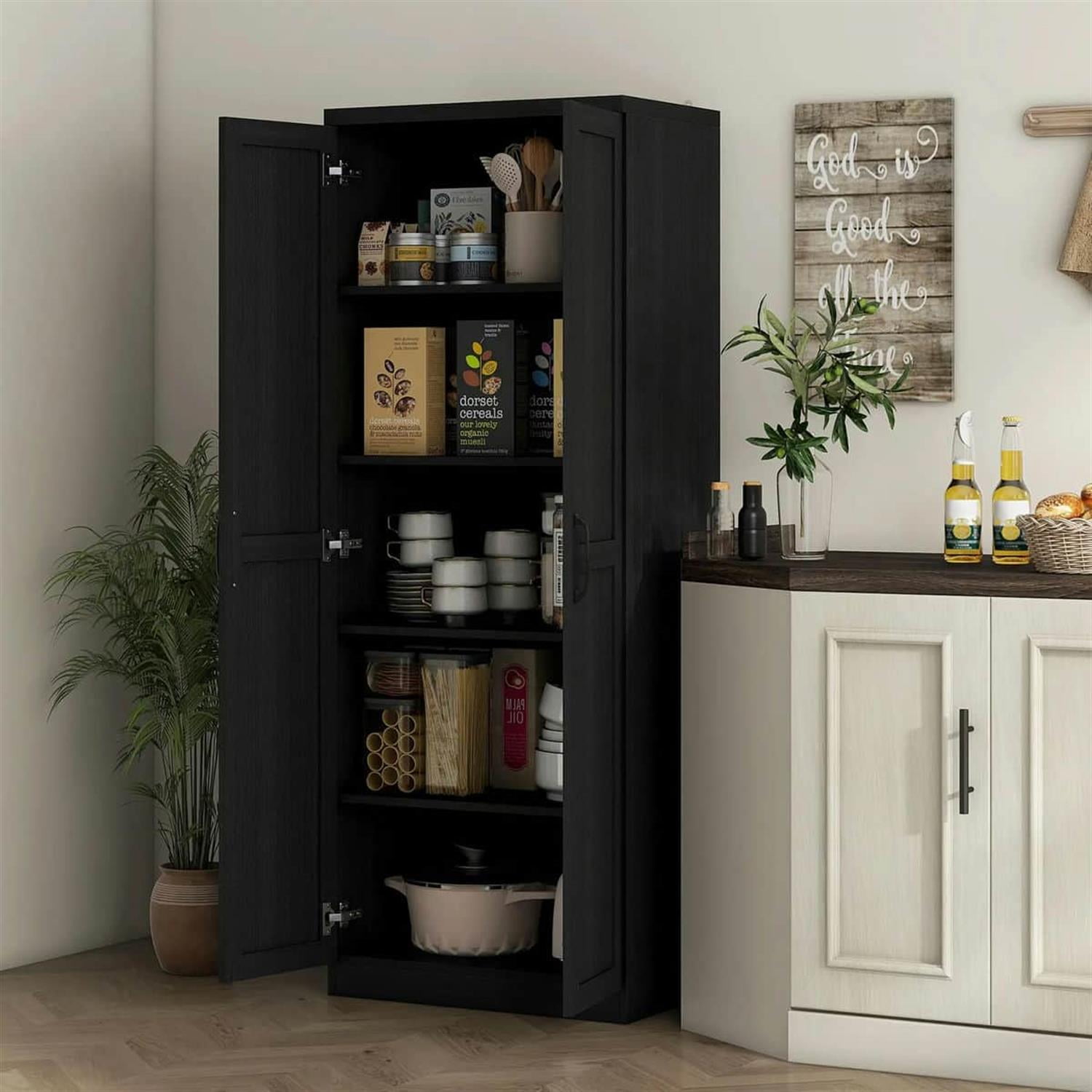 Demi Bonn 62" Large 2-Door Pantry Cabinet, Freestanding Storage Unit with 2 Adjustable Shelves for Dining Room, Spacious Kitchen Organization, Black