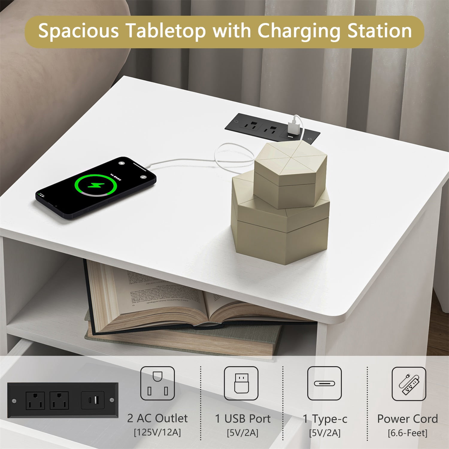 Hommoo Modern Nightstand with 2 Drawers and Open Shelf, End Side Table Bedside Table with Charging Station, White