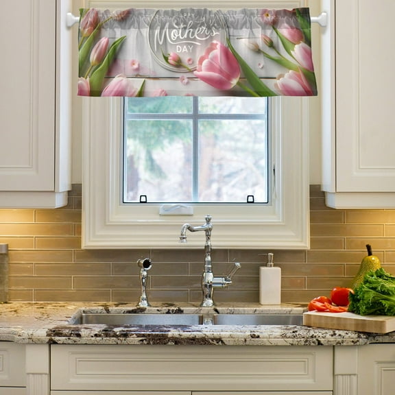 Flowers Mother Day Floral Curtain Valances Farmhouse Design Window Treatment Decor Blackout Rod Pocket for Windows Living Room Kitchen 54" x 18"