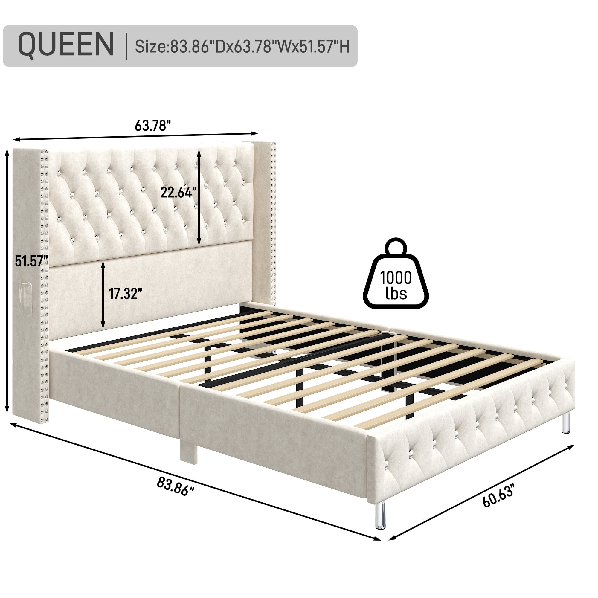 Blotout- Queen LED Upholstered Bed Frame with Wingback Headboard, Velvet Diamond Button Tufted Bed Frame USB & Type-C Ports and Side Pockets, Wood Slats Support, No Box Spring Needed