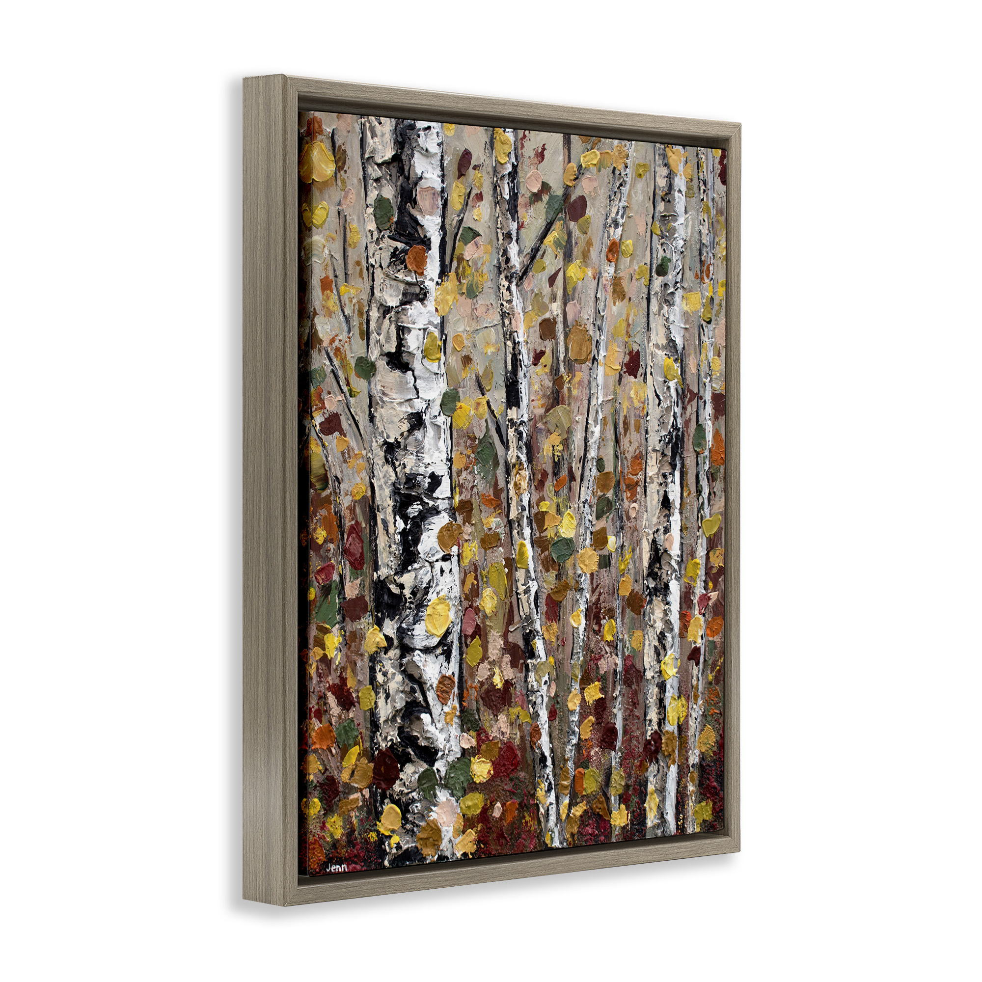 Stupell Industries Autumn Birch Trees Abstract Leaves Landscape Painting Brown Floater Framed Canvas Art Print Wall Art, 25 x 31