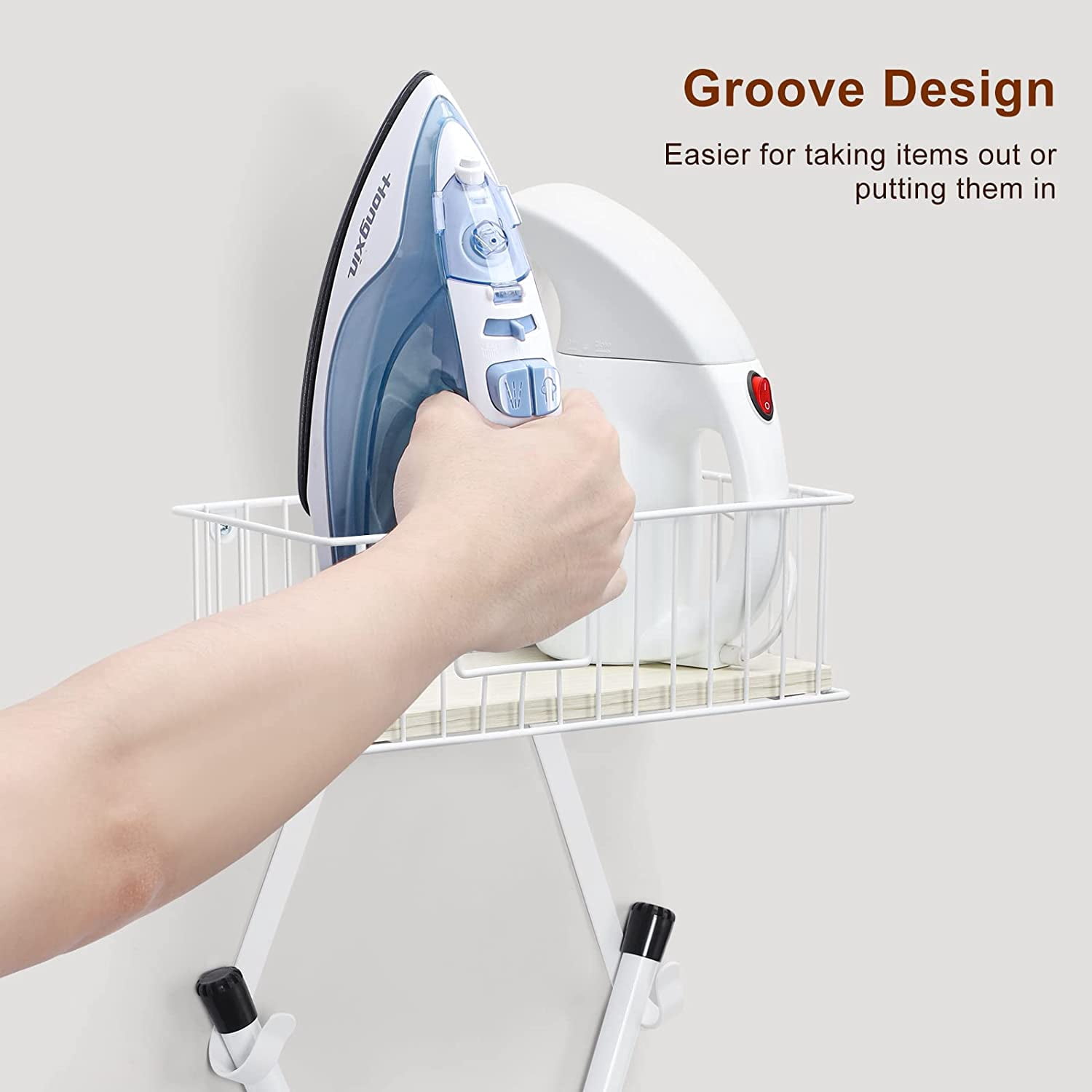 Wall Mounted Ironing Board Hanger for Y-Leg with Storage Basket, White