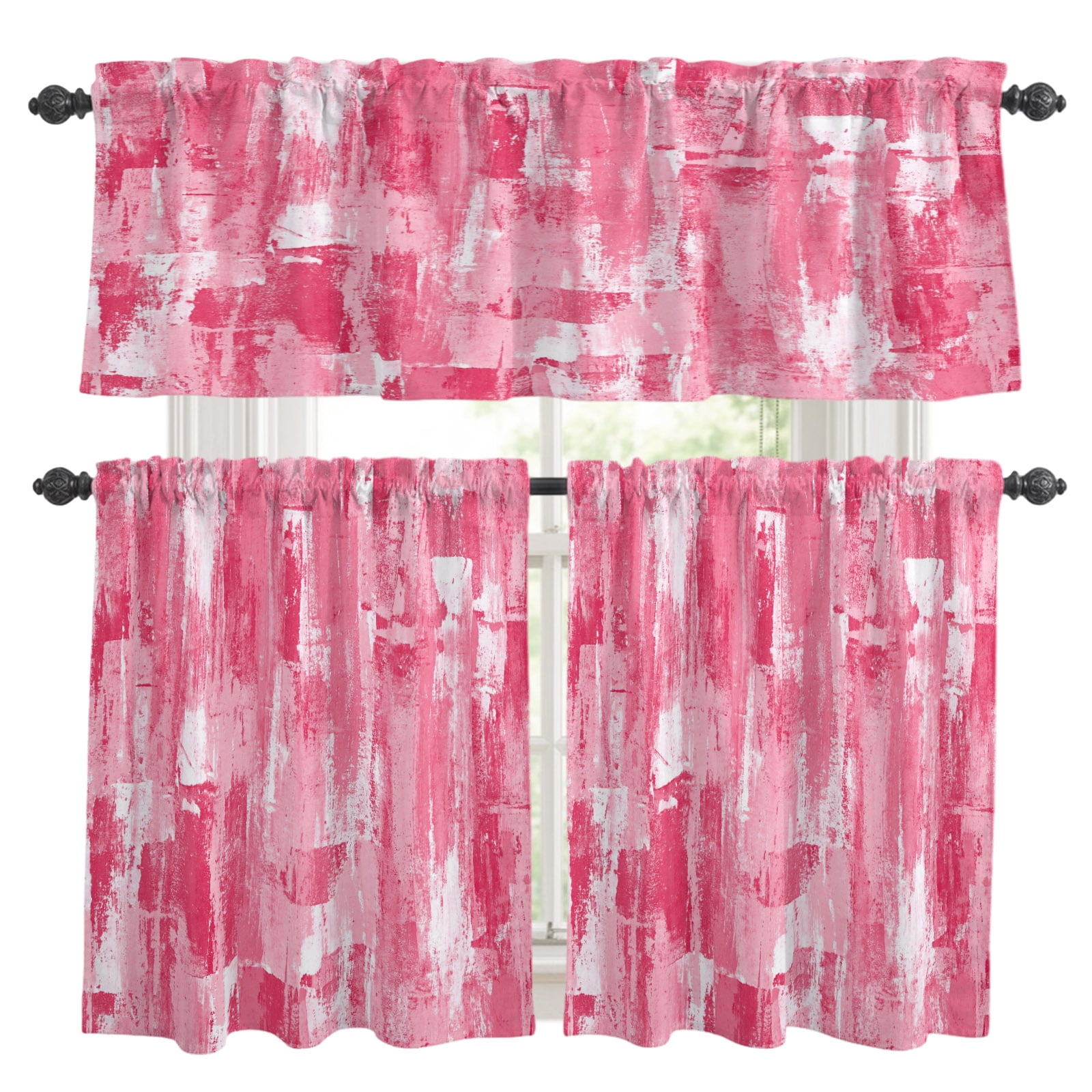 Pink Graffiti Art Kitchen Curtains and Valances Set Abstract Distressed Ombre Painting Texture 3 Piece Curtains Valances and Tiers Set Rod Pocket for Kitchen Bathroom Windows 36 Inch