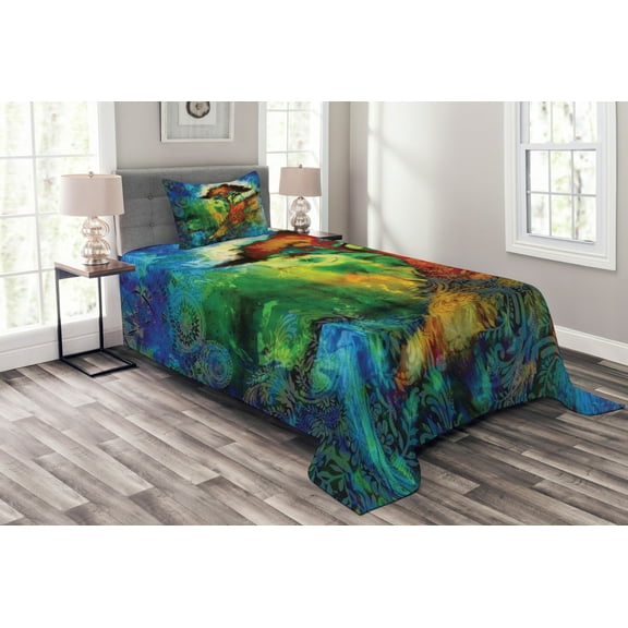 Ambesonne Bohemian Quilted Bedspread Set 2 Pcs, Eastern Grunge Trees, Twin Size, Multicolor