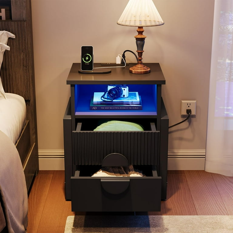 LGHM 3 Piece Bedroom Dresser and Nightstand Set, Fluted Tall Chest of  Drawers, Bed Side Table End Table with LED Lights for Living Room, Black -  Walmart.com
